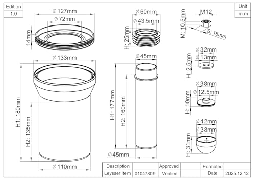 sanicomfort WC Anschlussgarnitur für Wand-WC – Universal Komplettset DN 110 & Ø 45 mm – 180 mm Länge (kürzbar) – Inkl. Dichtungen, Muttern M12 & Abdeckkappen – Anschlussstutzen für Vorwandelemente