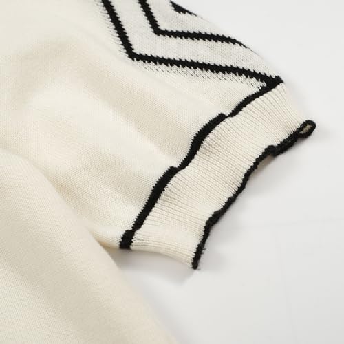 OXKNIT Mens White Apricot 60s V-Neck Polo Shirt Rhombic Pattern Knit Golf Polo4