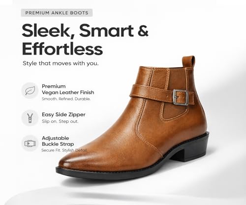Image of Kraasa Men's Synthetic Leather Ankle Boots with Side Buckle Strap, Elastic Panel & Durable TPR Sole Casual & Formal Wear Boot