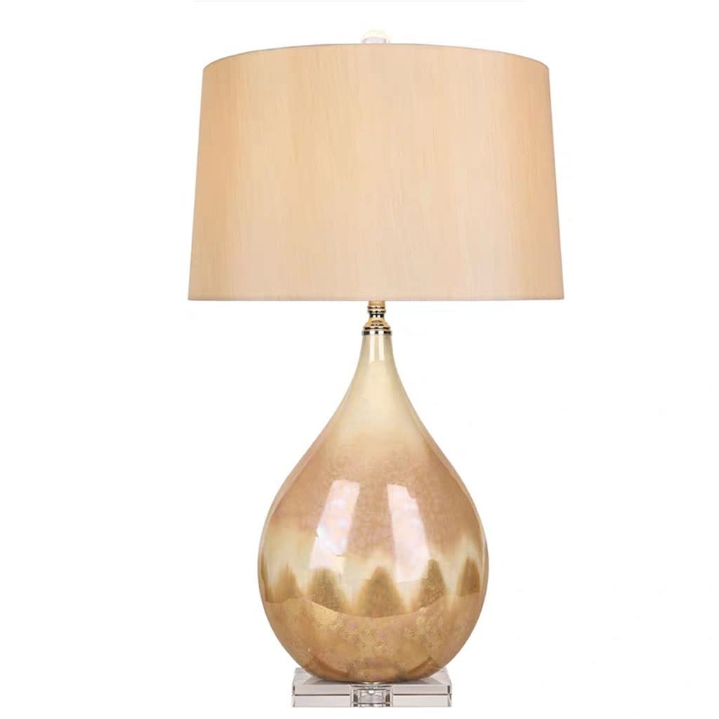 Lámpara de Noche Lámpara de escritorio de cerámica vidriada con perlas, lámpara de mesita de noche creativa con gota de agua, pantalla de tela hecha a mano, Base de cristal, luz de escritorio moderna
