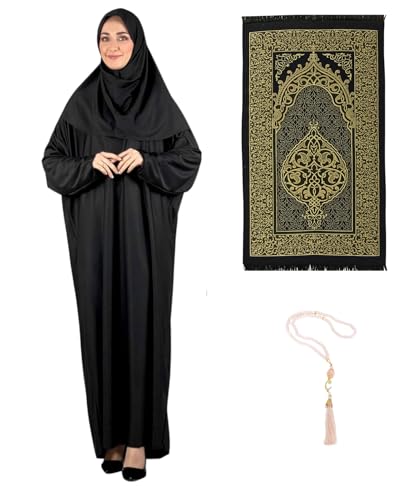 Prien Women Prayer Dress With Hijab Rug Tasbih Muslim Set Islamic Clothes Abaya Jilbab Dubai Kaftan For Eid Ramadan (Black)