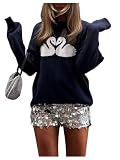 SweatyRocks Women's Swan Print Crewneck Sweaters Long Sleeve Knit Pullover Tops Fall Knitwear Dark Blue Small