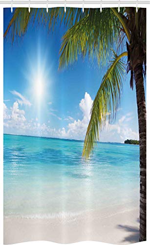 ABAKUHAUS Strand Schmaler Duschvorhang, Tropical Seashore Palms, Badezimmer Deko Set aus Stoff mit Haken, 120 x 180 cm, Farngrün Himmelblau