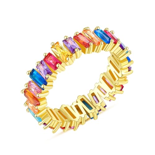 Rainbow Moissanite Eternity Band in 14K Gold, Colorful Wedding Ring for Women, Perfect for Birthday or Engagement, Size 6-9