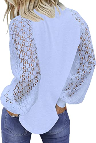 Image of Shasmi Women's White Ballon Long Sleeve, Crew Neck Tops Lace Casual Loose Blouses T Shirts (Shree Top 29)
