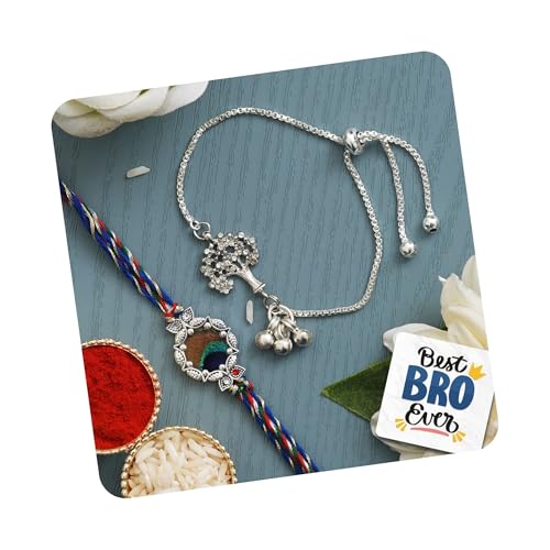 Image of eCraftIndia Set of 2 Colorful Peacock Feather and Tree Design Bracelet Silver Rakhi for Brother and Bhabhi with Best Bro Ever Fridge Magnet and Roli Chawal Pack