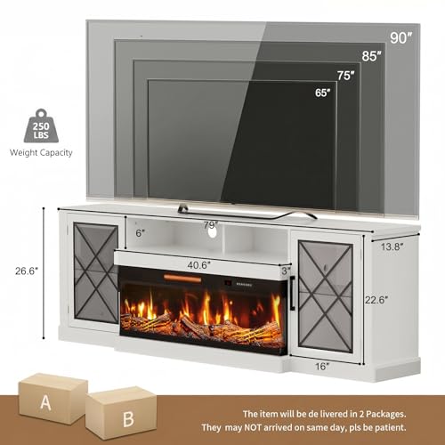 Image of BREEZEHEAT Fireplace TV Stand for TVs up to 90 inch, 3-Sided Electric Entertainment Center with 40 inch LED Fireplace, Media Console w /Storage Cabinet & Glass Doors, 79Inch, White