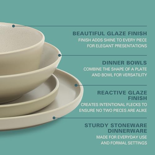 Image of Gibson Elite Tribeca Loft 16-Piece Dinnerware Set - Matte Cream and White Reactive Glaze Stoneware, Double Bowl Round Plates and Bowls - Modern Neutral Tableware for 4, Dishwasher & Microwave Safe
