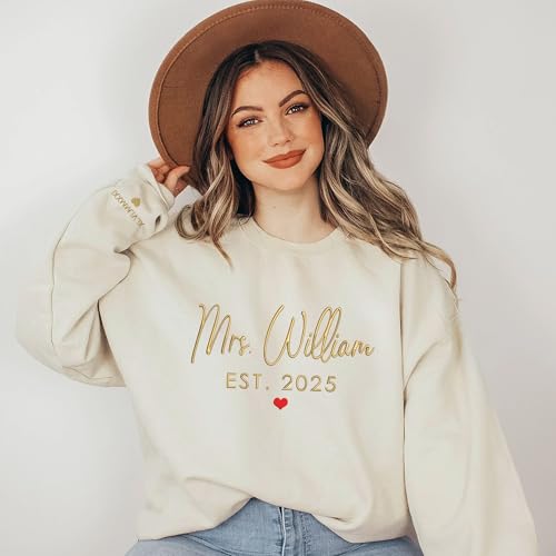 GODMERCH Custom Embroidered Mrs Sweatshirt - Personalized Future Mrs Hoodie, Bride Sweatshirts, Honeymoon Crewneck, Gift for Her Bride to Be Wedding Bachelorette Party Engagement Bridal Shower4