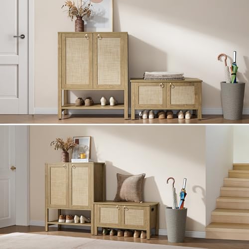 Image of SICOTAS Shoe Cabinet with Storage - 3 Pieces Farmhouse Boho Shoe Organizer with Rattan Doors & Shelves, 5 Tier Free Standing Shoe Rack Storage Cabinet for Entryway, Living Room, Closet (Carbon Cherry)