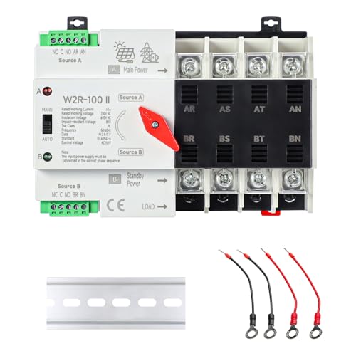 63A AC 110V Dual Power Automatic/Manual Transfer Switch 4P, Mini ATS Solar Auto Transfer Switch for Home Generator 4POLE 63Amp 110Volt, Din Rail Fast Changeover Transfe 50/60Hz for Rv, Lv Power