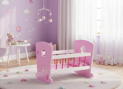 Cuna Mecedora de Madera Rosa 46x28x34 cm con Almohada y Edredón | Ropa de cama incluida, edredón más almohada, movimiento de balancín, accesorio para cuidar muñecas durante el juego