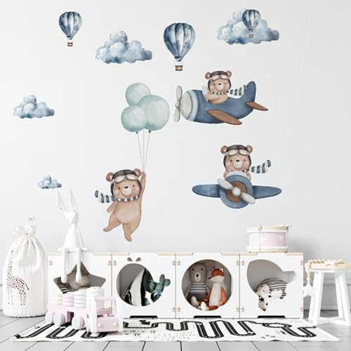 Large Bear & Airplanes Wall Stickers for Kids Bedroom - Bear Hot Air Balloon Wall Decals - Baby Nursery Wall Decals - Plane Wall Sticker for Baby Nursery Playroom Bedroom Girls Boy Room Wall Decor - Image 3