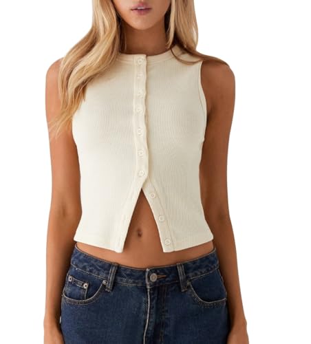 Luckinbaby Women Y2k Knitted Button Down Tank Top Summer Ribbed Sleeveless Vest Tops Sleeveless Slim Fit Cropped Shirts