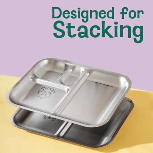 Image of Basil Stainless Steel Plate for Kids - Kids Plates for Food with 3 Compartments - Dinner Plates for Baby - Unbreakable Dinner Plates - Ideal for Birthday, Return Gifting - Bento Tiger Plate