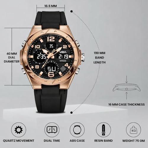 Image of V2A Aura Edge 40mm Analog Digital Watch for Women | Modern Everyday Style | Alarm Stopwatch Backlight Day Date | Comfortable TPU Strap | 50M Water Resistant | Gift for Ladies