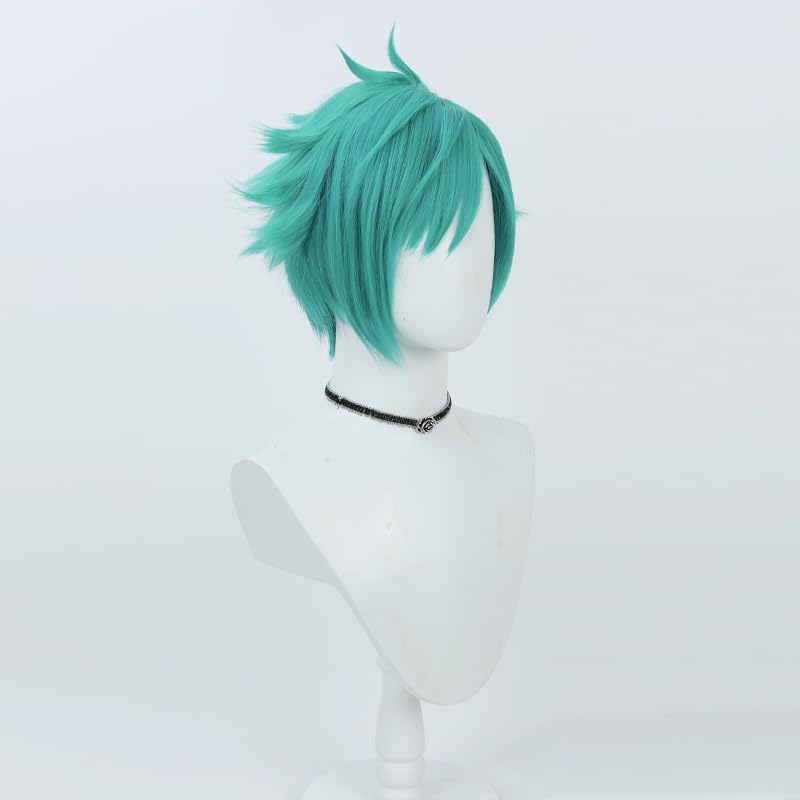Aphelios Cosplay Wig Short Men Anime Wig Cyan Green Straight Wig with Bangs Heat Resistant Synthetic Hair for Party