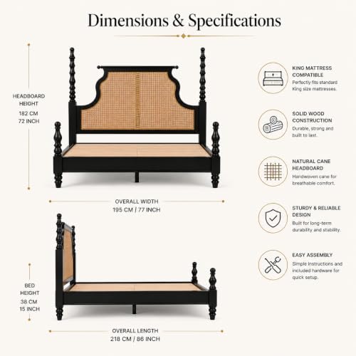 Image of Solid Wood Poster King Size Poster Honeymoon Bed Without Storage with Designer Piller and Cane Crafting for Couple Bedroom (King Size, Walnut Finish, 1 Piece)