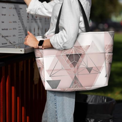 Grand sac de plage rose blush et gris géométrique chic