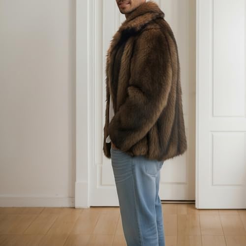 Image of Colf Men's Winter Parka Coat Lapel Faux Fur Jacket | Mens Faux Fur Coat, Long Sleeve, Fluffy Overcoat, Winter Jacket