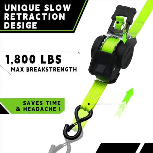 Image of Retractable Ratchet Straps (2-Pack) - Heavy Duty Auto Retraction Tie Down Straps - 1 Inch x 13 Feet (1,800lb Break Strength) - with Safety Lock S Hooks for Motorcycle, Truck Securing Cargo, Car-Green