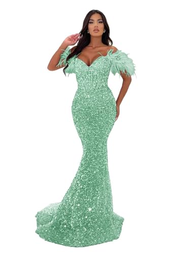 Image of Sequin Feathers Mermaid Prom Dresses 2026 Off Shoulder Sparkly Long Formal Evening Party Gowns with Train