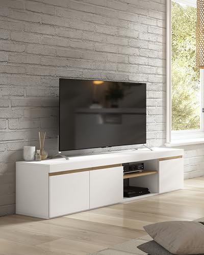 Meuble TV Blanc et Bois 160x40,5x39,6 cm – Meuble Bas Design Moderne avec 3 Portes et Niche, pour Salon ou Chambre.