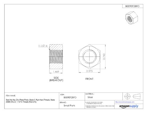 Small Parts Steel Heavy Hex Nut, Zinc Plated Finish, Grade 2, ASME B18.2.2, 1-1/2"-6 Thread Size, 2-3/8" Width Across Flats, 1-15/32" Thick (Pack of 1) (FSC112HHNZ) image 4