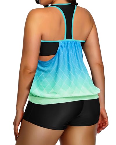 Image of Womens Plus Size Tankini Swimsuit Two Piece Tummy Control Bathing Suit | Blouson Racerback Tankini Top with Shorts, Double Up Design, Removable Pad