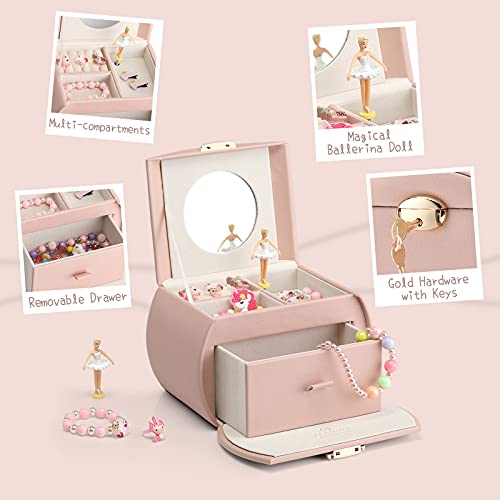 Vlando Kids Musical Jewelry Box for Girls with Drawer, Music Box with Ballerina and Stickers for Birthday Bedroom Decor, Gifts for Girls Kids - Pink4