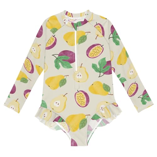 Ollabaky Baby Girls Long Sleeve Swimsuit Watercolor Pear and Passion Fruit One Piece Bathing Suit Rash Guard UPF50+ Toddler Girl Swimwear, 11-12T Multi