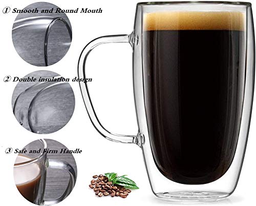 Double Walled Glass Coffee Cups, Set of 2 Large Glass Tea Cup with Handle,15oz/450ml Tall Insulated Coffee Mugs Perfect for Cappuccino, Macchiato, Latte, Tea, Juice, Iced& Hot Beverages - Thumbnail 3