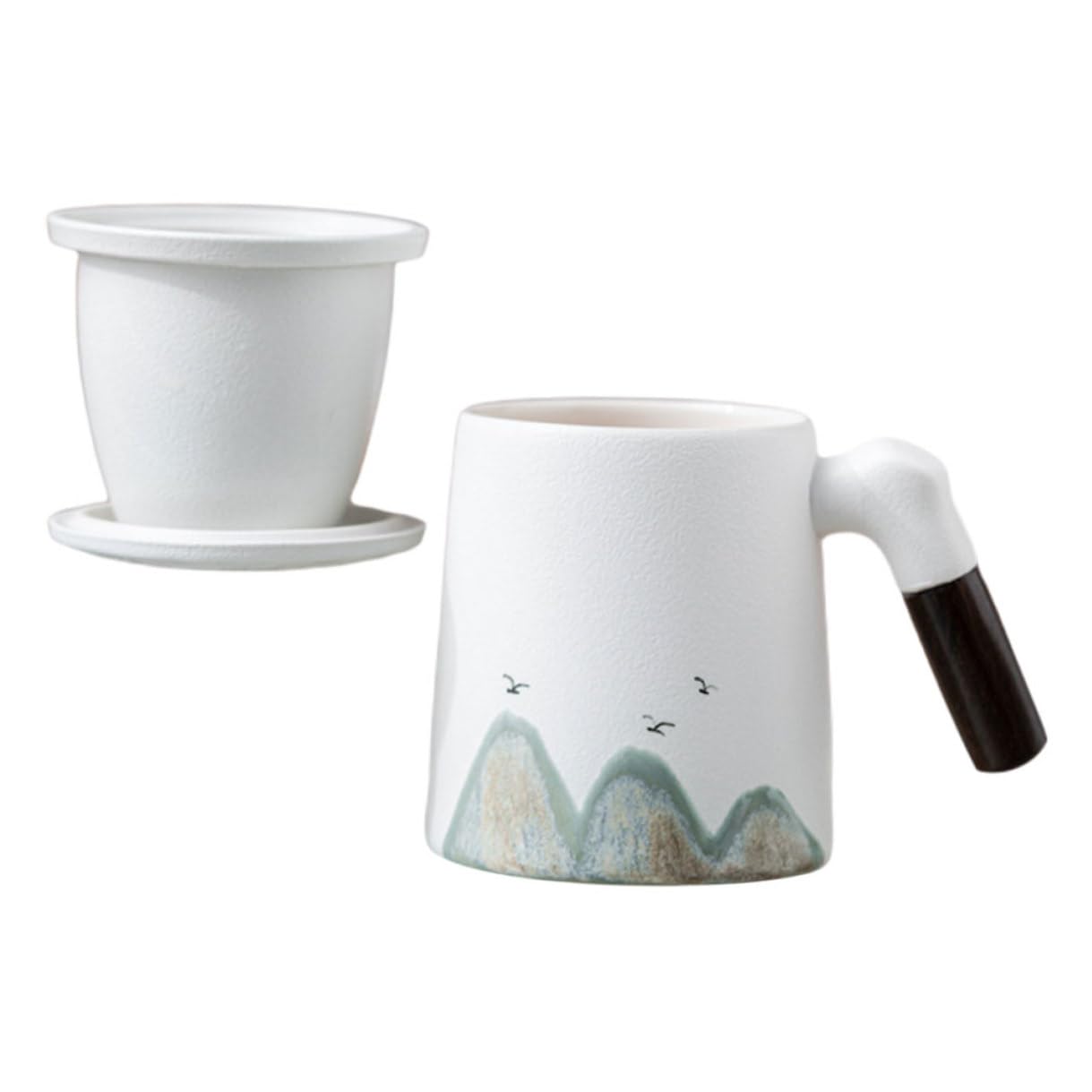 Taza de Cerámica con Tapa E Infusor para Té, Filtro Integrado para Hojas Sueltas, Diseño Blanco Adecuado para Uso en Escritorio