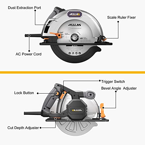Circular Saw, 13-Amp 5500Rpm 7-1/4" Power Circle Saw With 3 Saw Blade 24T/36T/40T, Cutting Depth : 2-9/16" At 90°, 1-3/4" At 45° For Wood, Bevel Angle(0 To 45°), Ac Power Cord #TOP4
