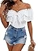 WDIRARA Women's Off The Shoulder Layered Ruffle Trim Short Sleeve Top Tie Front Frill Trim Blouse White Large