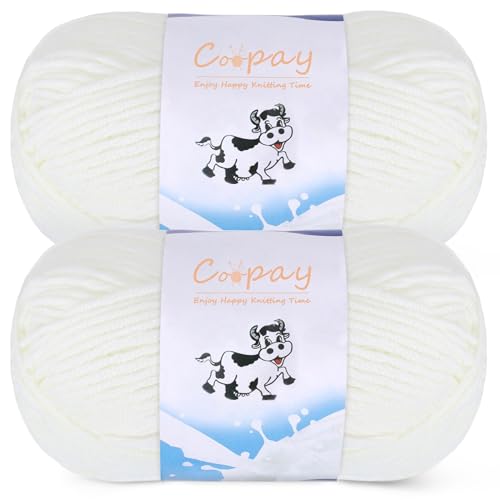 Image of Coopay Yarn for Crocheting Knitting, Crochet Yarns, 2 x 1.76oz - 120yds - 60% Cotton 40% Acrylic Blend Yarns, Granny Square Blanket Yarn (Milky White)