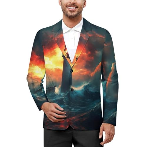 Lighthouse Stormy Wave Mens Suit Jacket Lapel Blazers V Neck Button Business Coat Tuxedo for Wedding Party