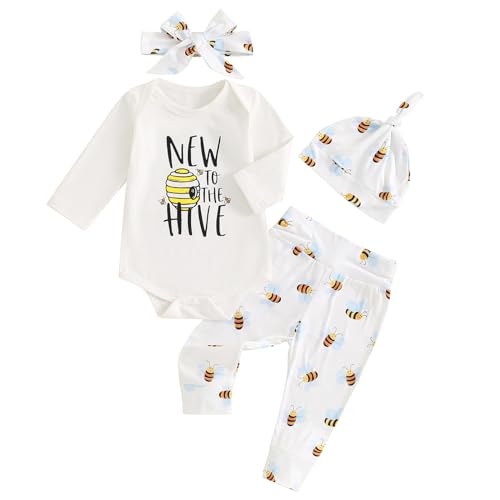 Image of Newborn Baby Boy Girl Coming Home Outfit Bumble Bee New to the Hive Bodysuit Pants Hat Headband 4pcs Set