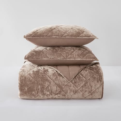 Image of Wonderful Luxury Velvet Brown Quilt Set King, Diamond Stitch Pattern Bedding, Lightweight Ultra-Soft Skin-Friendly, All-Season, Versatile as Comforter /Bedspread for Adults Teens Kids Bedroom,106 inchx94 inch