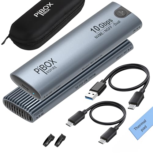 Image of NVME M2 Enclosure, PiBOX India NVMe /NGFF SATA Dual Protocol SSD Enclosure - USB 3.2 10Gbps, Tool-Free M.2 NVMe Case, PCI-E NVMe Reader, USB-C, Supports M & B&M Keys, 2230 /2242 /2260 /2280 SSD RTL9210B