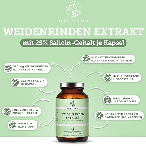 QIDOSHA® Weidenrindenextrakt mit 25% Salicin, 180 Kapseln im Apothekerglas, Wirkstoff-Gehalt in externem Labor testiert, 250mg je Kapsel, deutsche Fertigung