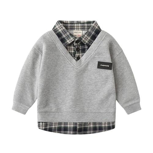 Toddler Boys Long Sleeve Sweatshirt Plaid Patchwork V-Neck Shirt Kids Fall& Winter Trendy Classic Pullover Top 2024