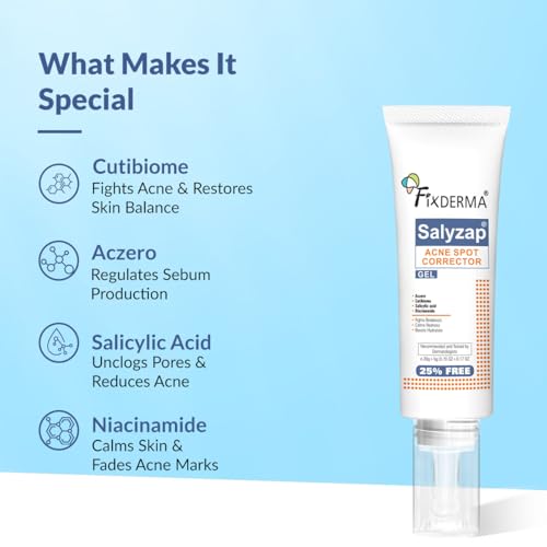Image of Fixderma Salyzap 2% Salicylic Acid Acne Spot Corrector Gel with 2% Niacinamide Acid & 1% Aczero | Reduce Active Acne & Redness | Fades Dark Spots & Blemishes | Pimple Remover For Men & Women - 20g