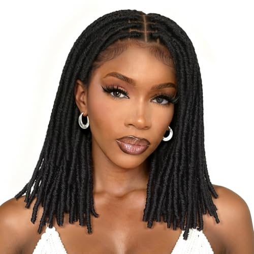 FAVE 14 Full Lace Dreadlock Wig Soft Faux Locs Wig with Baby Hair Synthetic Goddess Locs Braided Wigs for Black Women Natural Black Braided Wig for Daily Use Big Head Friendly