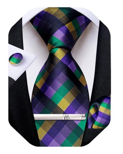 Image of DiBanGu Plaid Ties for Men Silk Checkered Necktie and Pocket Square Cufflinks Tie Clip Set with Gift Box for Wedding Business