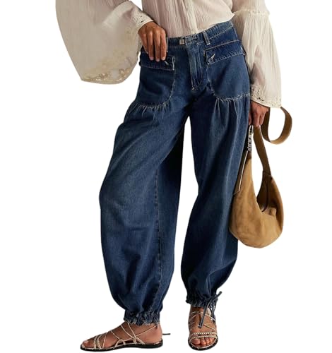chouyatou Women's Boyfriend Baggy Lotus Jeans Y2k Barrel Jeans Drawstring Bottom Wide Leg Pleated Denim Pants