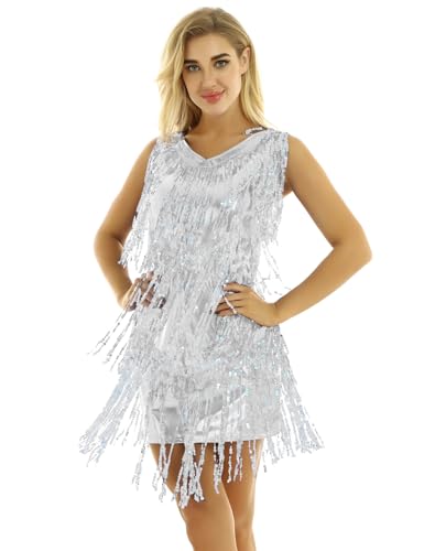 Agoky Vestido De Baile Latino con Flecos para Mujer Vestido De Danza Tango Rumba Lentejuelas Traje De Baile Salsa Samba Disfraz De Bailarina Fiesta Plateado M