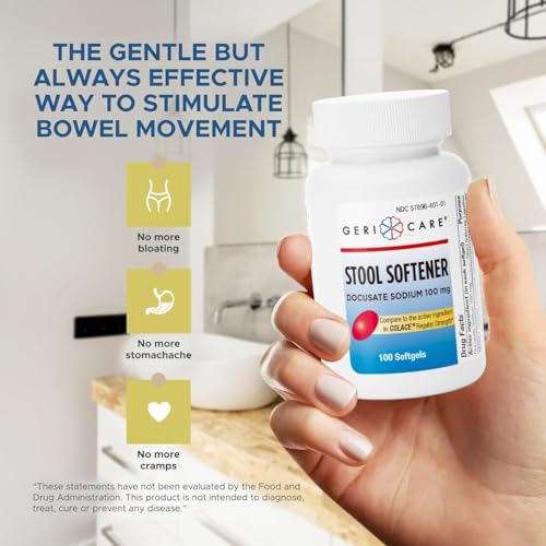 Image of GeriCare Docusate Sodium Stool Softener - 100mg Gentle Stimulant Laxative Softgels for Men & Women- Constipation Relief - Adults Daily Bowel Movement Laxative (Pack of 2)
