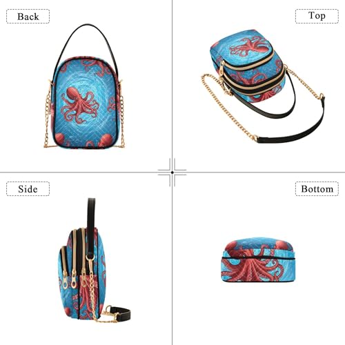 Red Octopus Bubbles Blue Sea Womens Shoulder Handbag Chain Strap Wallet Phone Purse Floral Print Ladies Crossbody Satchel Bag, 5.9" × 8.3" × 3.1"4