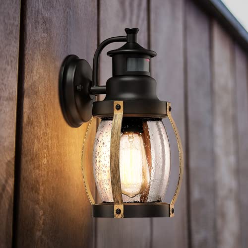 🛒 Flash Sale MOTINI Black and Wood Outdoor Wall Lantern with Motion Sensor, 12'' Vintage Exterior Wall Lights with Clear Seeded Glass Shade Rustic Waterproof Wall Mount Lighting Fixture, ETL